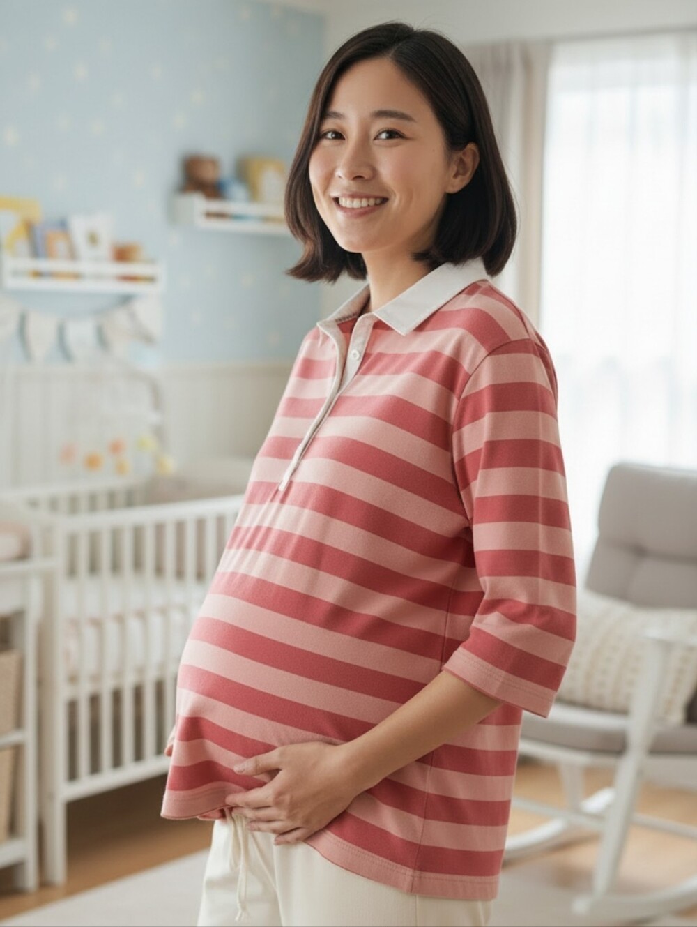 Motherhood Maternity Tee Striped Rugby Reddish Pink White Cotton size 3X